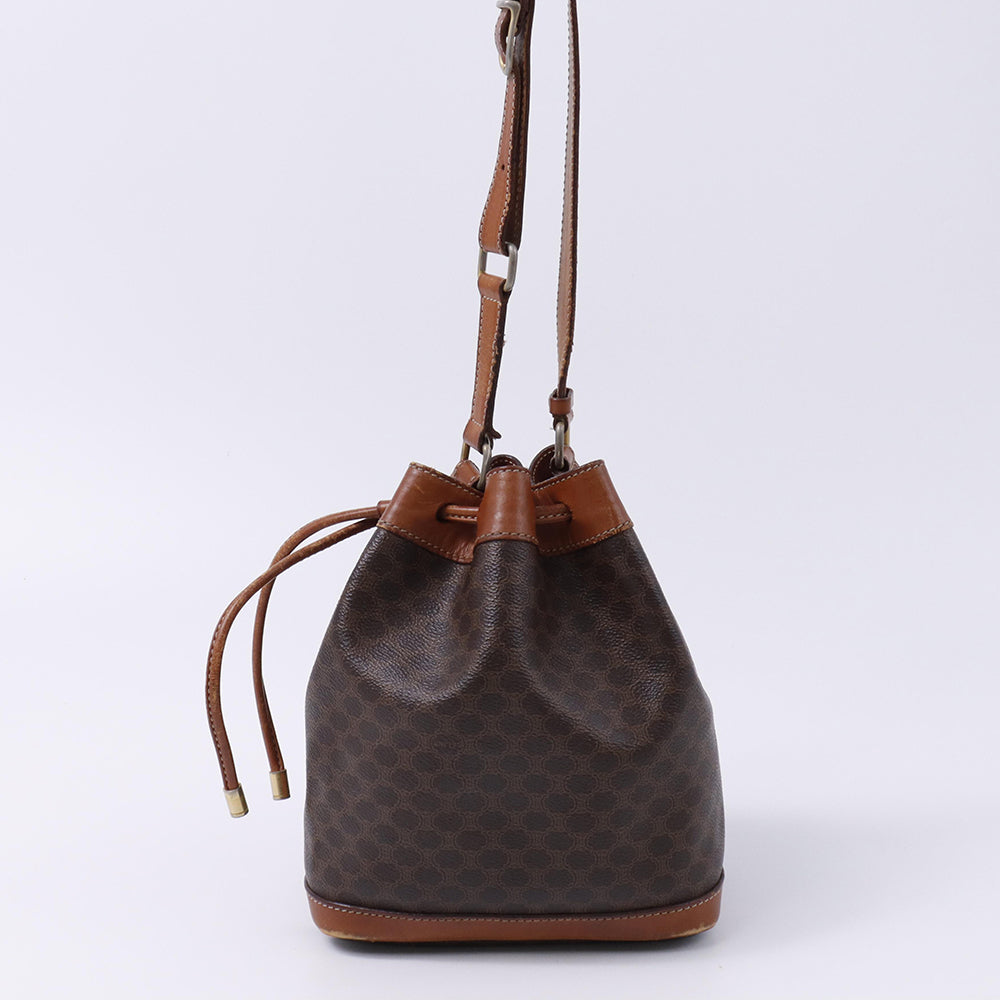 CELINE マカダム柄 巾着 ショルダーバッグ ポーチ付 ブラウン PVC