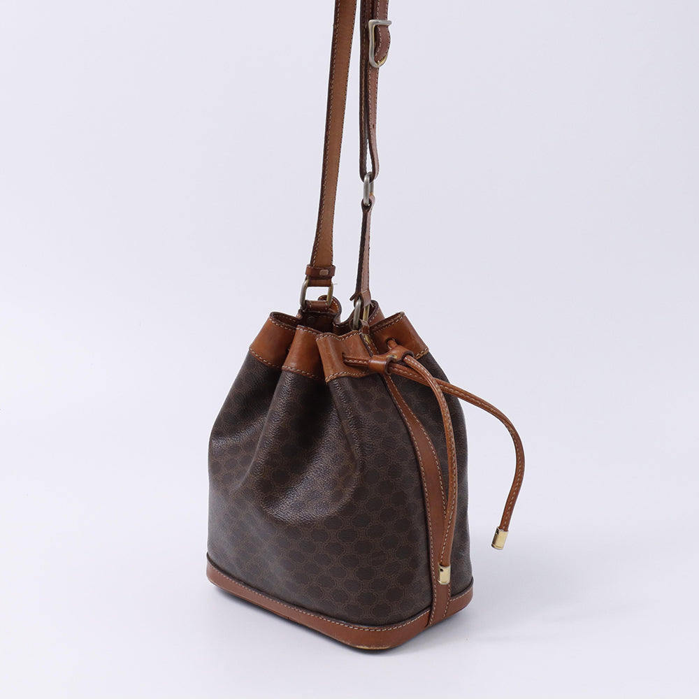 CELINE マカダム柄 巾着 ショルダーバッグ ポーチ付 ブラウン PVC