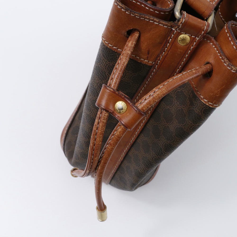 CELINE マカダム柄 巾着 ショルダーバッグ ポーチ付 ブラウン PVC