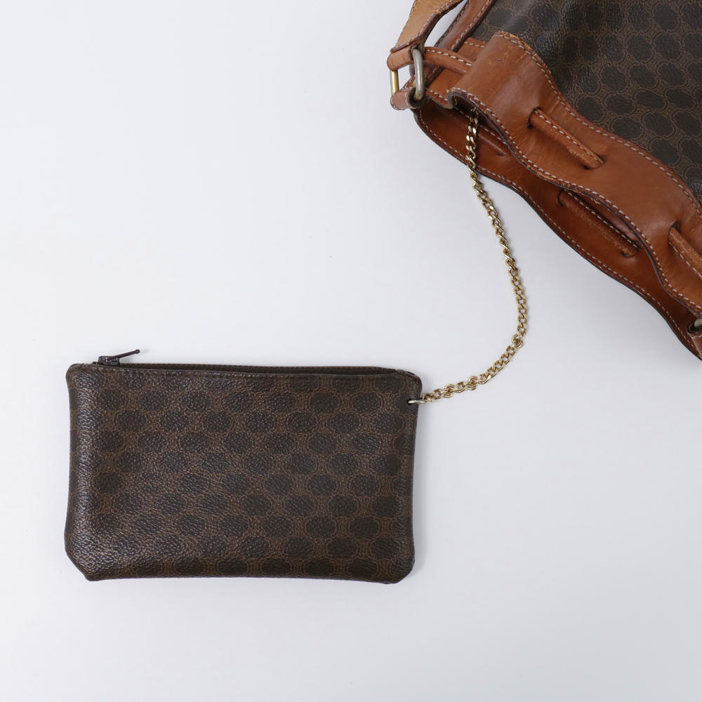 CELINE マカダム柄 巾着 ショルダーバッグ ポーチ付 ブラウン PVC