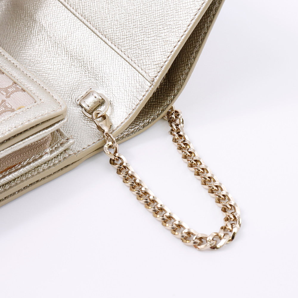 CELINE マカダム柄 チェーンウォレット ベージュ/シルバー キャンバス