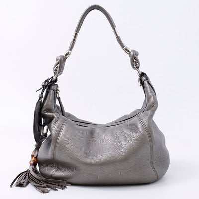 GUCCI フリンジ ショルダーバッグ グレー 240261 Leather