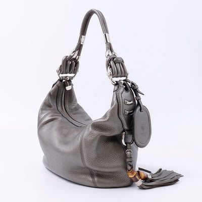 GUCCI フリンジ ショルダーバッグ グレー 240261 Leather