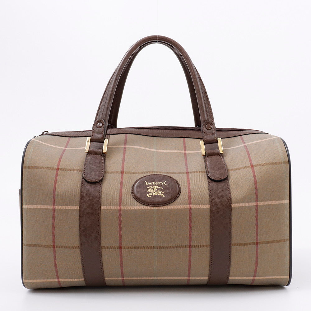 BURBERRY チェック柄 ボストンバッグ カーキ/ブラウン Canvas Leather