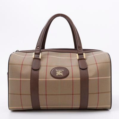 BURBERRY チェック柄 ボストンバッグ カーキ/ブラウン Canvas Leather