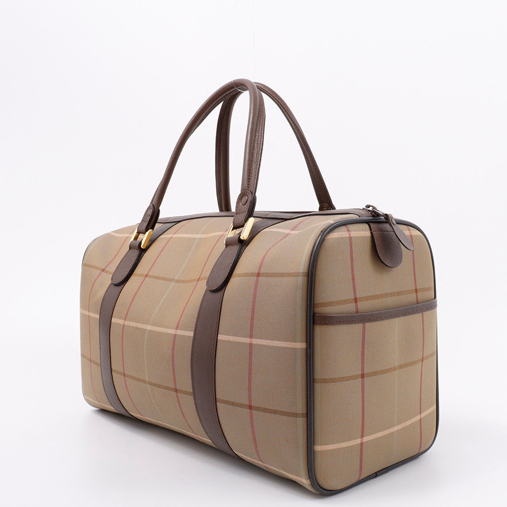 BURBERRY チェック柄 ボストンバッグ カーキ/ブラウン Canvas Leather