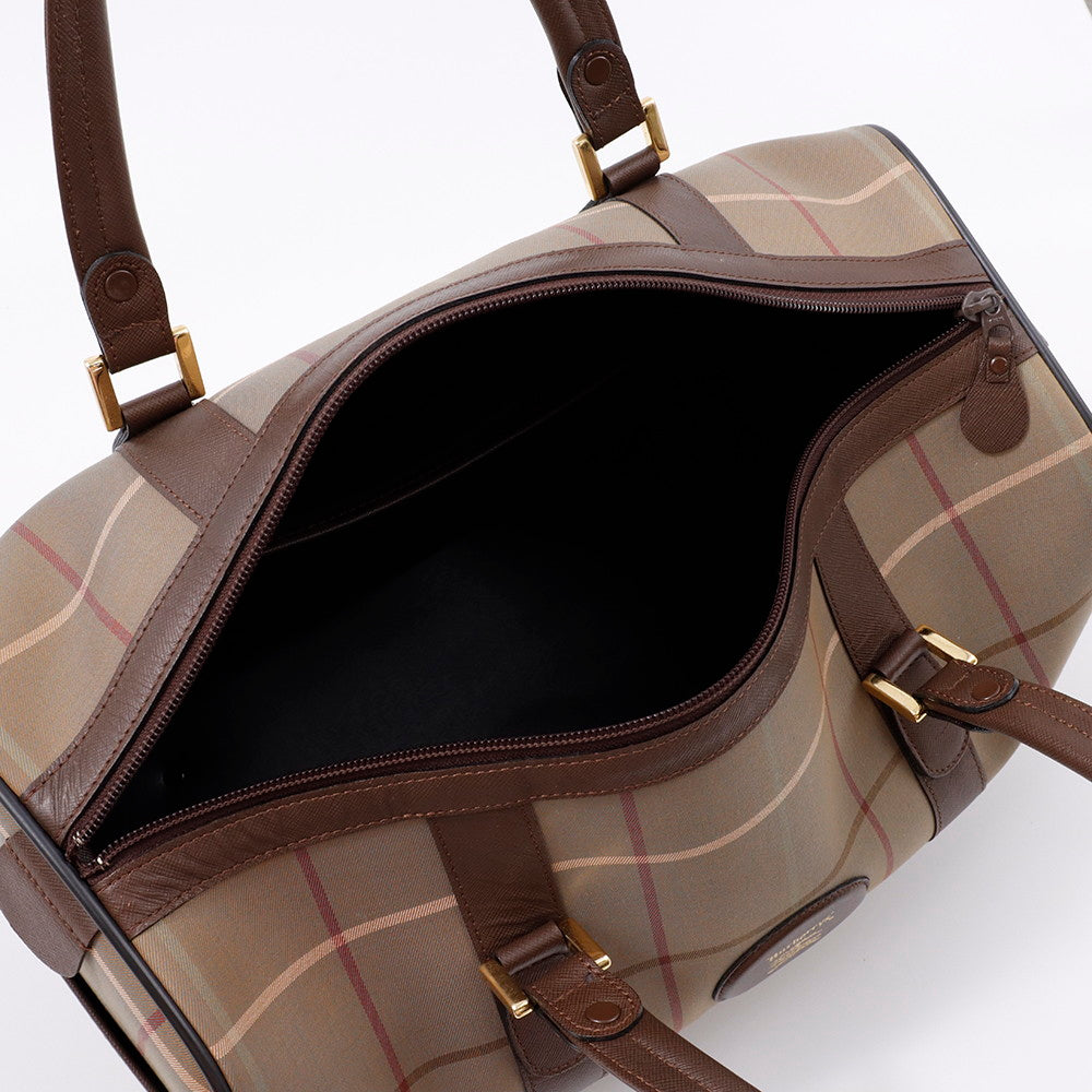 BURBERRY チェック柄 ボストンバッグ カーキ/ブラウン Canvas Leather