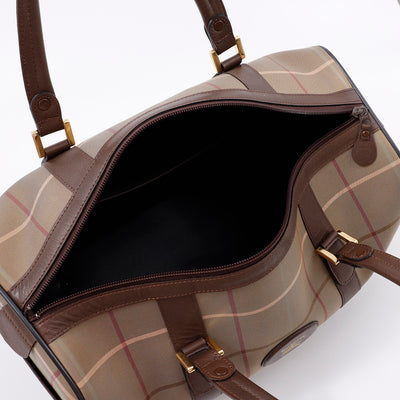 BURBERRY チェック柄 ボストンバッグ カーキ/ブラウン Canvas Leather