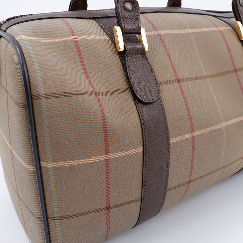 BURBERRY チェック柄 ボストンバッグ カーキ/ブラウン Canvas Leather