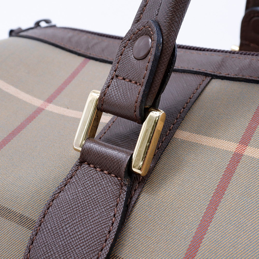 BURBERRY チェック柄 ボストンバッグ カーキ/ブラウン Canvas Leather