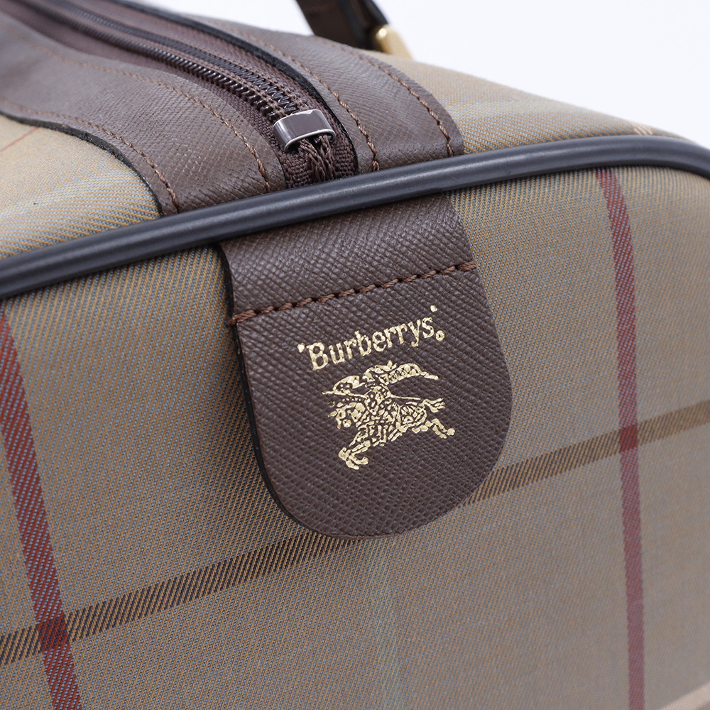 BURBERRY チェック柄 ボストンバッグ カーキ/ブラウン Canvas Leather